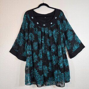 Dana Kay Floral Blouse Top Women Plus Size 20W Black Sheer Beaded Polka Dot